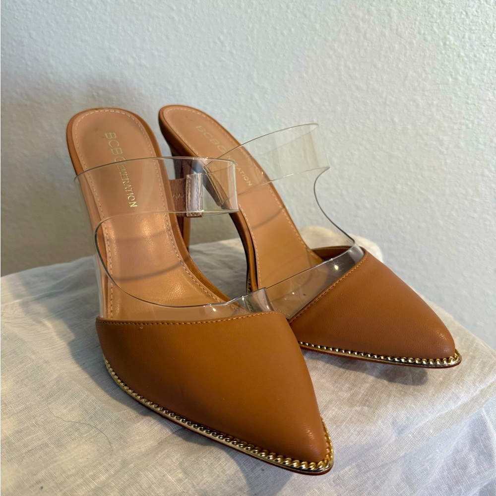 BCBGeneration brand new tan and clear heel